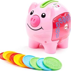 Musical toy piggy bank with 40+ songs, sounds and phrases 2 Smart Stages learning levels teach numbers and counting, colors, and Spanish words Drop the coins into piggy’s back or press the nose for fun songs, sounds and phrases Includes 10 colorful coins with numbers or animals on each side for put-and-take play Helps foster fine motor skills and introduces cause & effect for infants and toddlers ages 6 months to 3 years old